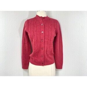 Vintage Gurian Coral Red Cable Knit Cardigan Sweater Button Front Med Rockabilly